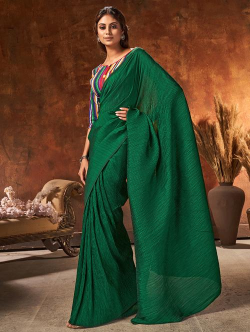 green georgette plain saree with blouse - 18390543 - Standard Image - 1