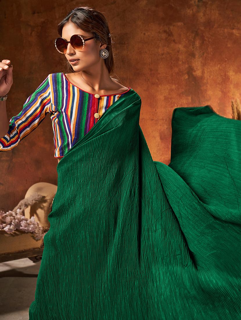 green georgette plain saree with blouse - 18390543 - Zoom Image - 2