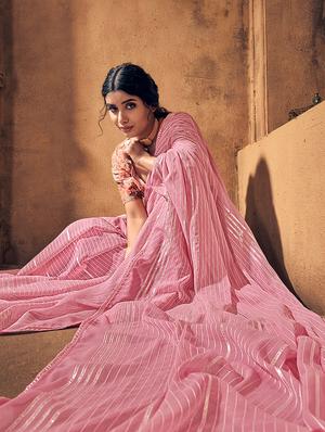 pink georgette saree with blouse - 18391048 - Standard Image - 3