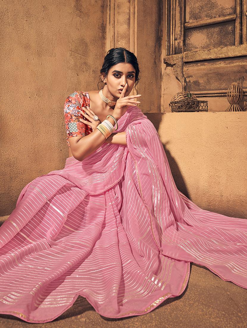 pink georgette saree with blouse - 18391048 - Zoom Image - 2