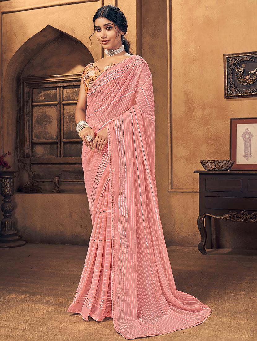 peach gota patti striped saree with blouse - 18391052 - Zoom Image - 1