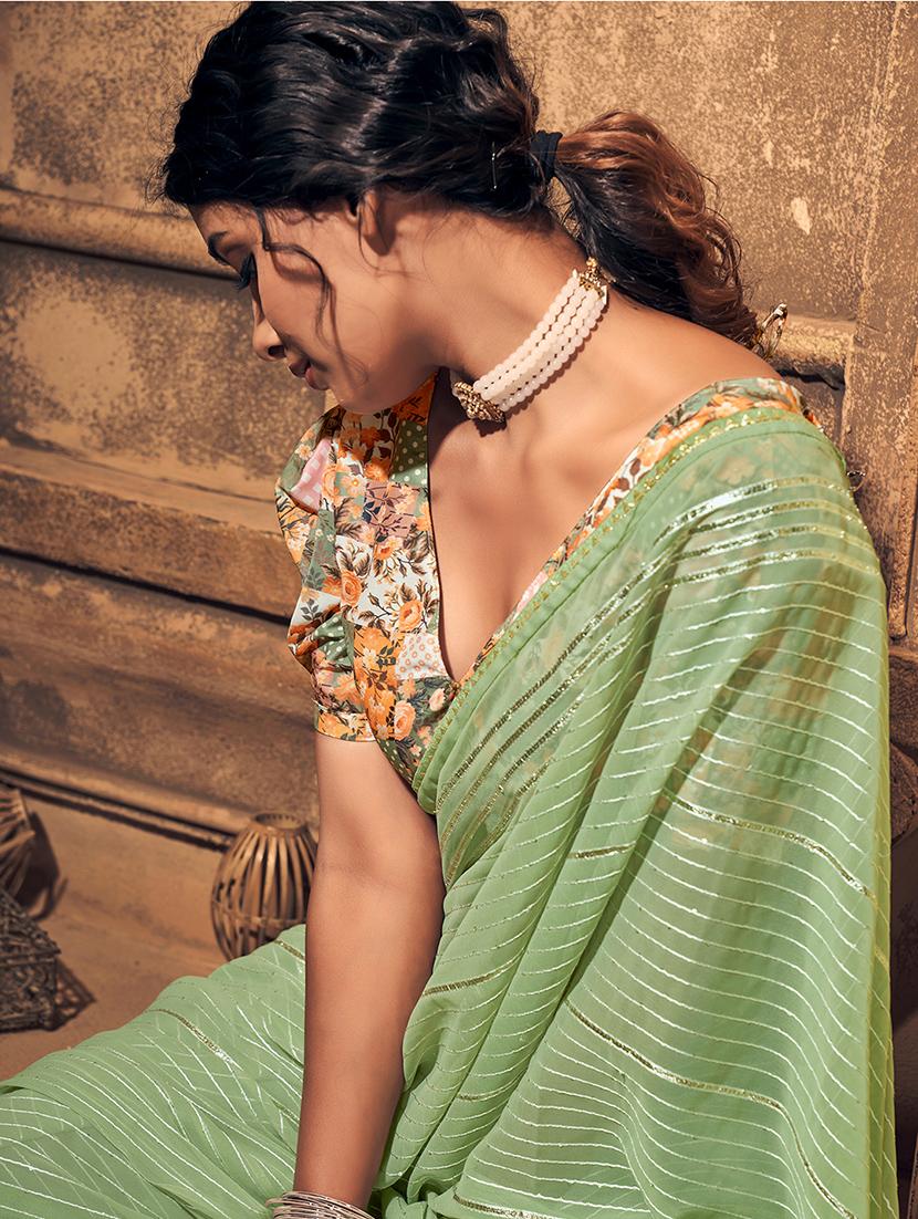 green georgette saree with blouse - 18391053 - Zoom Image - 2