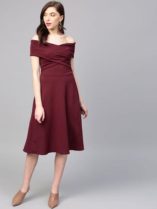off shoulder solid a-line dress - 18391824 - Standard Image - 1
