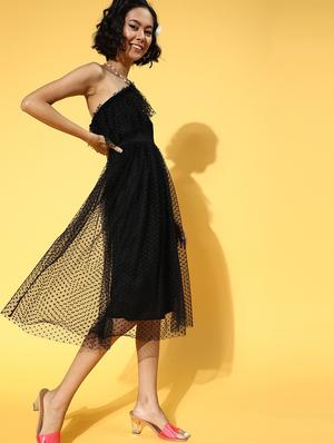 single shoulder solid fit & flare dress - 18391942 - Standard Image - 2