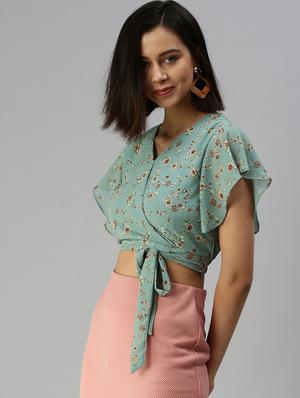 ruffle sleeved printed crop top - 18392302 - Standard Image - 2