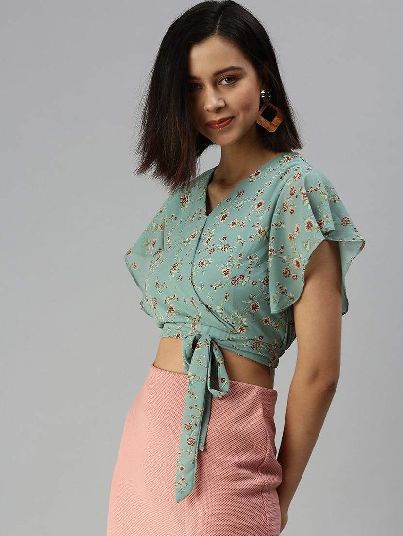 ruffle sleeved printed crop top - 18392302 - Zoom Image - 2