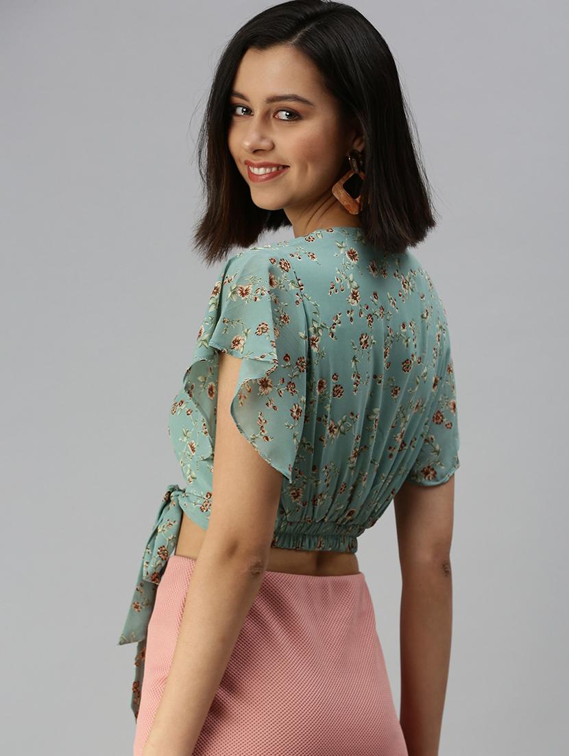 ruffle sleeved printed crop top - 18392302 - Zoom Image - 3