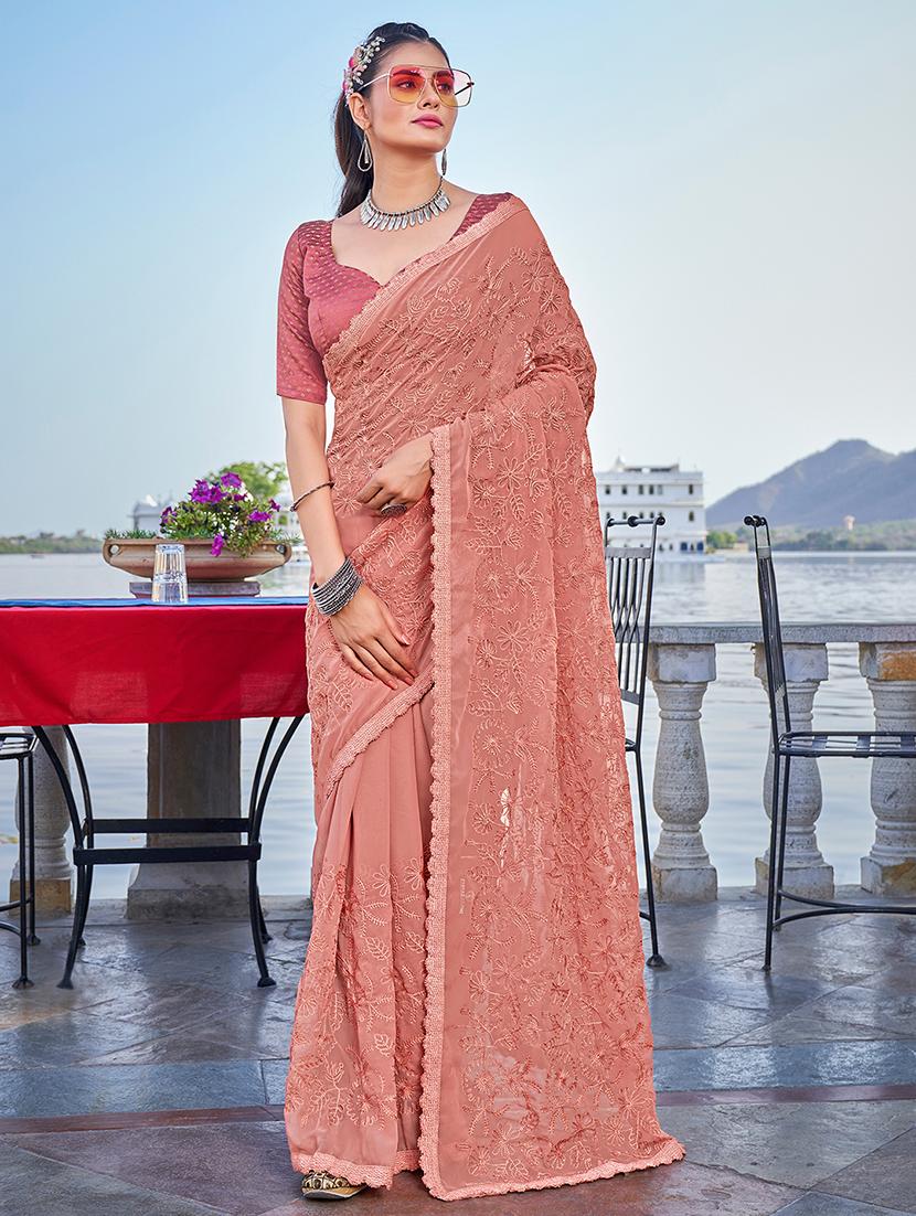 peach georgette embroidered saree with blouse