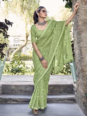 green georgette embroidered saree with blouse - 18392529 - Standard Image - 2