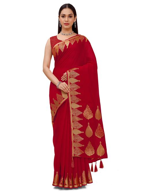 red silk blend woven saree with blouse - 18392805 - Very Small Image - 1
