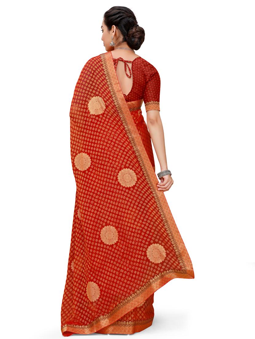 red cotton silk woven saree with blouse - 18392894 - Zoom Image - 2