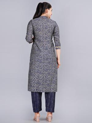 navy blue printed straight kurta - 18394827 - Standard Image - 3