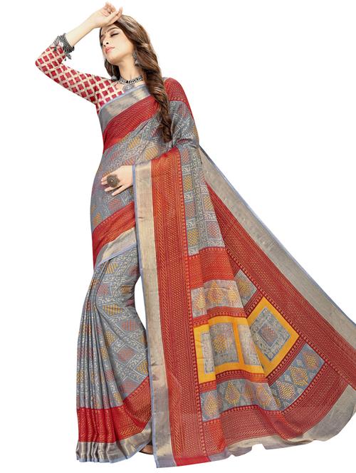 grey printed saree with blouse - 18395985 - Standard Image - 1