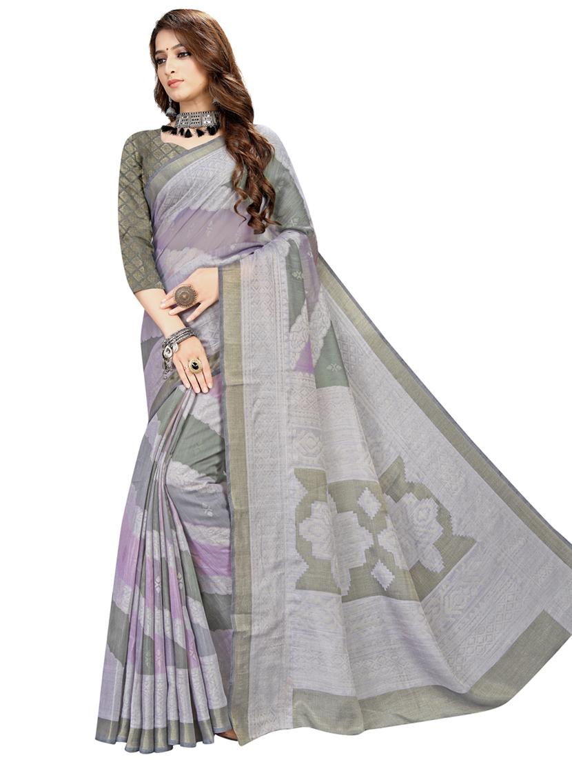 grey printed saree with blouse - 18395995 - Zoom Image - 1