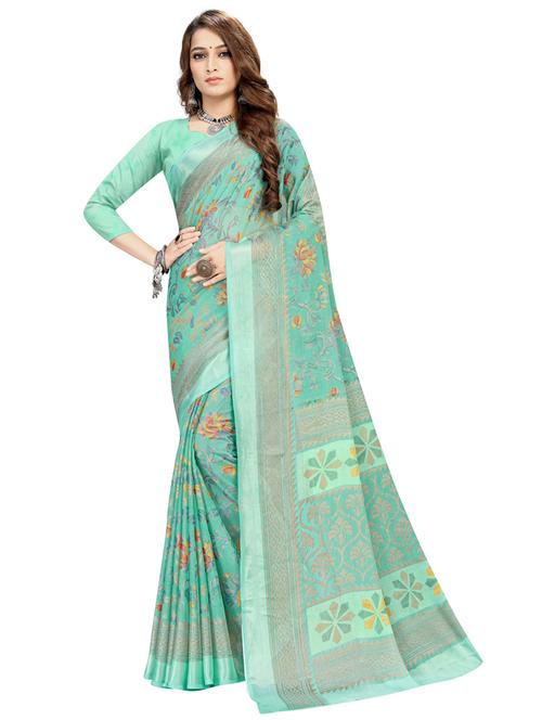 green printed saree with blouse - 18395998 - Standard Image - 1