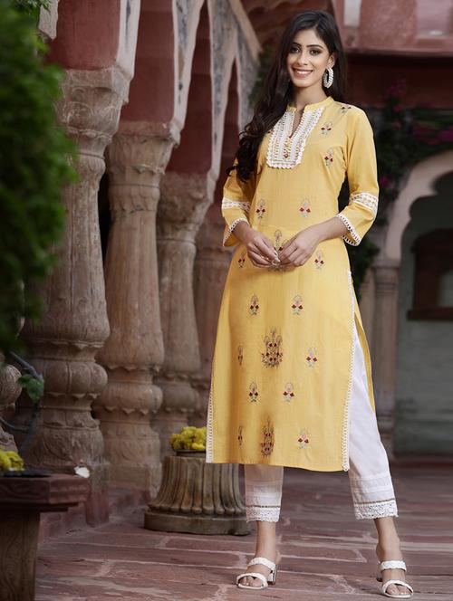 yellow ethnic motif straight kurta - 18396788 - Standard Image - 1