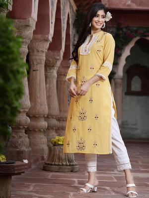 yellow ethnic motif straight kurta - 18396788 - Standard Image - 2