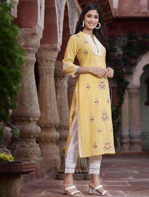 yellow ethnic motif straight kurta - 18396788 - Standard Image - 4