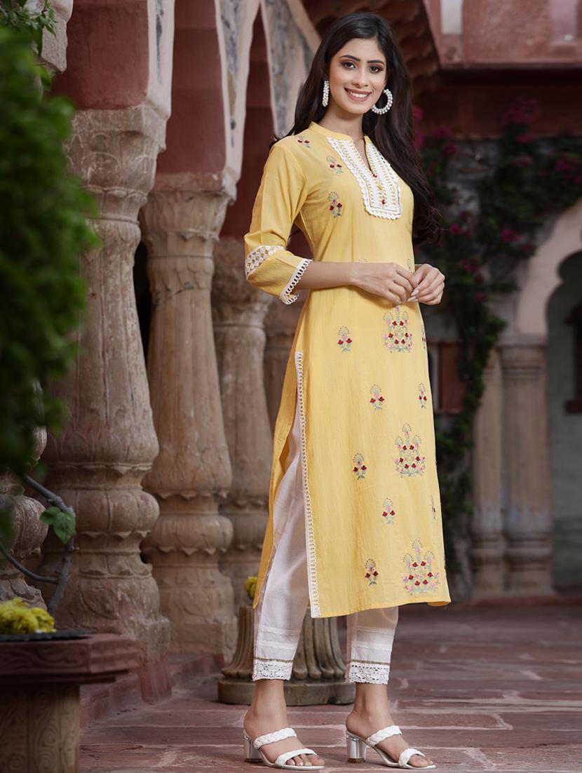 yellow ethnic motif straight kurta - 18396788 - Zoom Image - 4