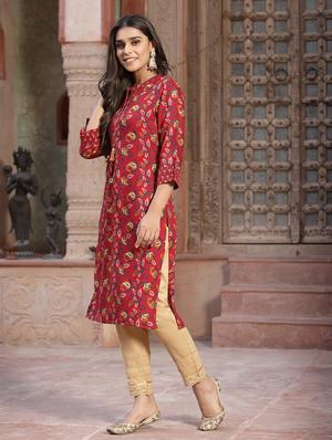 red cotton straight kurta - 18396798 - Standard Image - 2