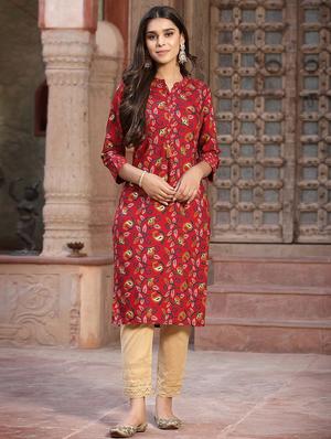 red cotton straight kurta - 18396798 - Standard Image - 3