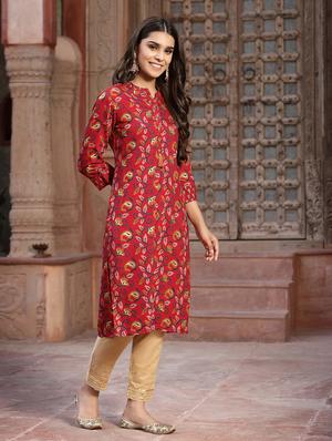 red cotton straight kurta - 18396798 - Standard Image - 4