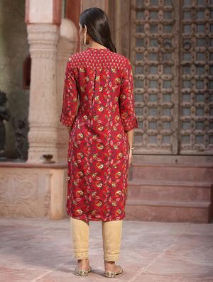 red cotton straight kurta - 18396798 - Standard Image - 5
