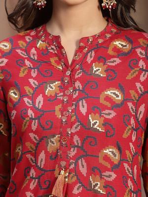 red cotton straight kurta - 18396798 - Standard Image - 6