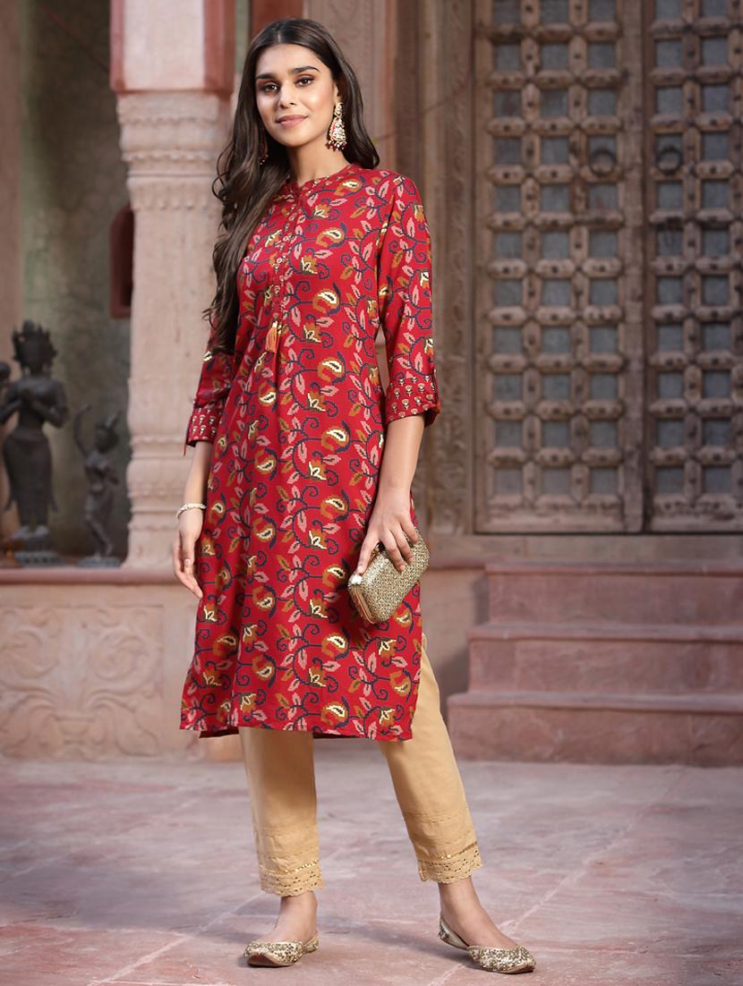 red cotton straight kurta - 18396798 - Zoom Image - 1
