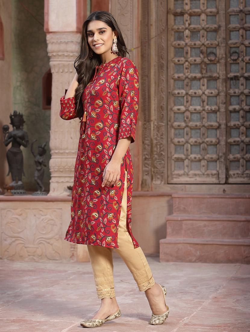 red cotton straight kurta - 18396798 - Zoom Image - 2
