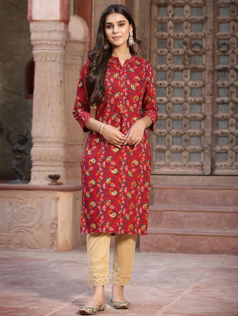red cotton straight kurta - 18396798 - Zoom Image - 3