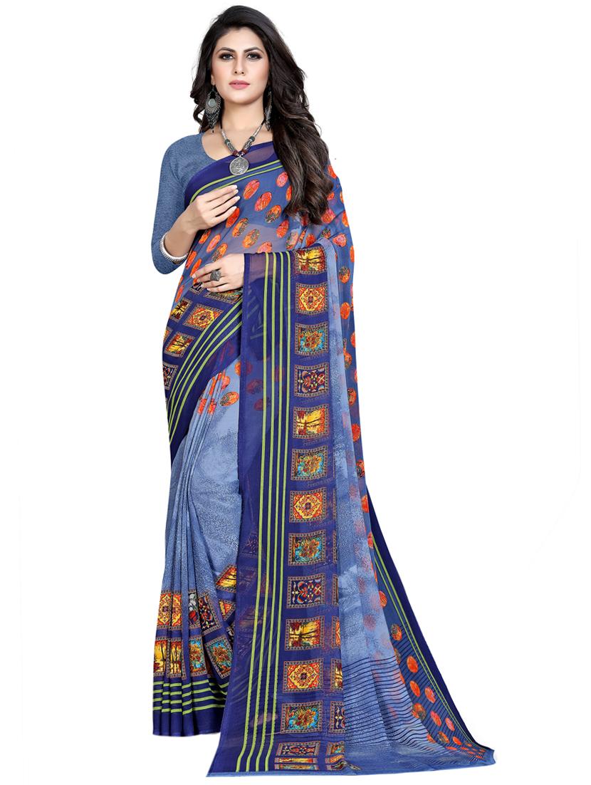 blue printed saree with blouse - 18397291 - Zoom Image - 1