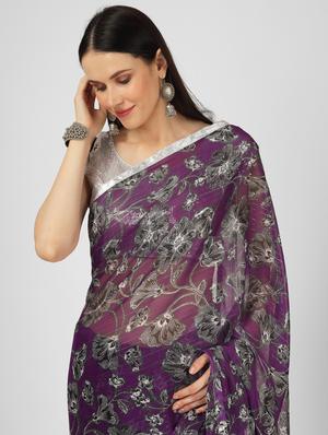 purple chiffon printed saree - 18397636 - Standard Image - 3