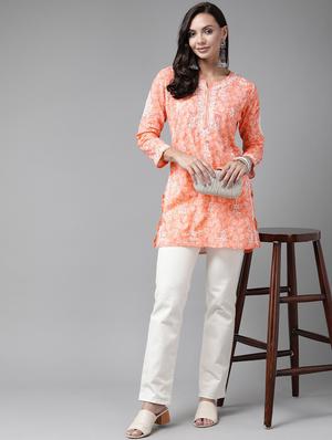 orange chikankari straight kurti - 18400007 - Standard Image - 4