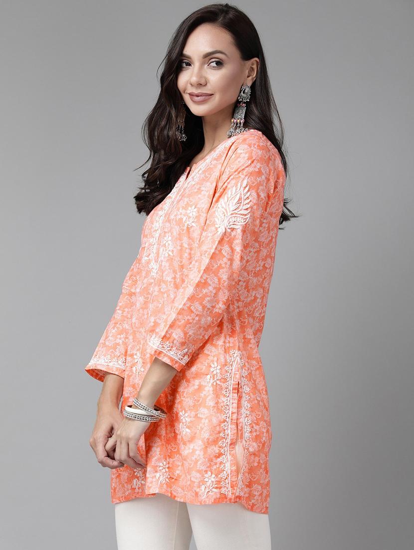 orange chikankari straight kurti - 18400007 - Zoom Image - 2