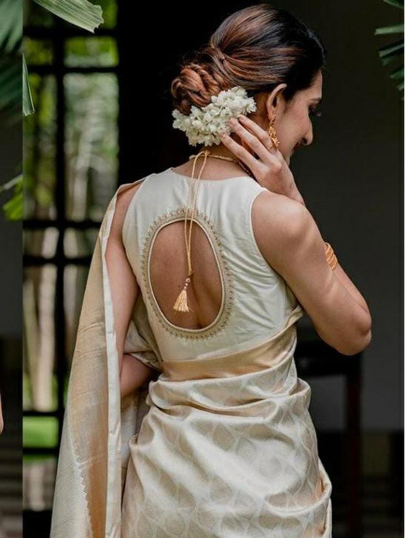 cream silk banarasi saree with blouse - 18401368 - Zoom Image - 4