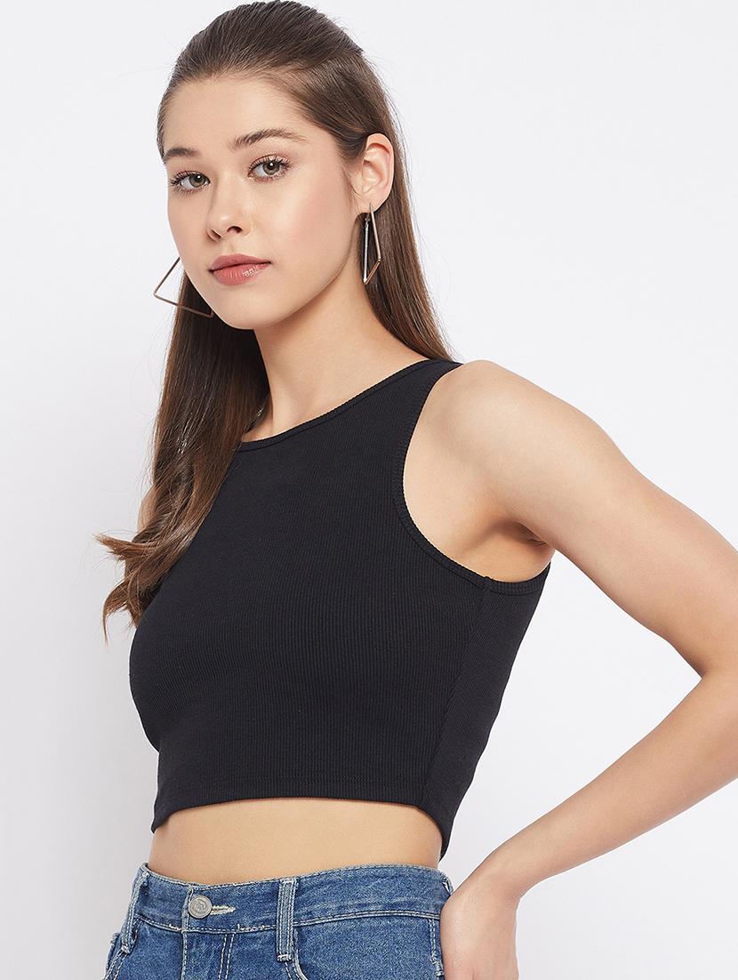 round neck solid crop top - 18402511 - Zoom Image - 2