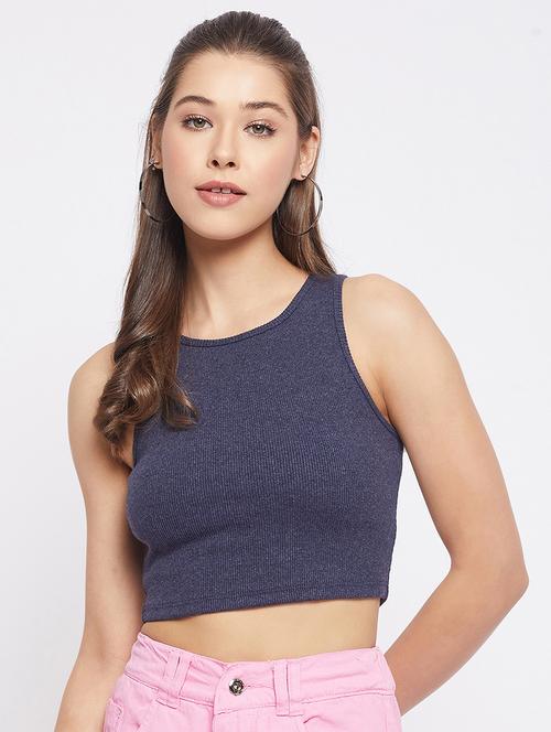 round neck solid crop top - 18402514 - Standard Image - 1