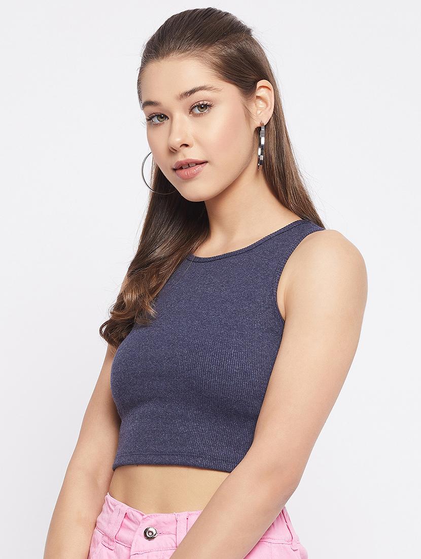 round neck solid crop top - 18402514 - Zoom Image - 2