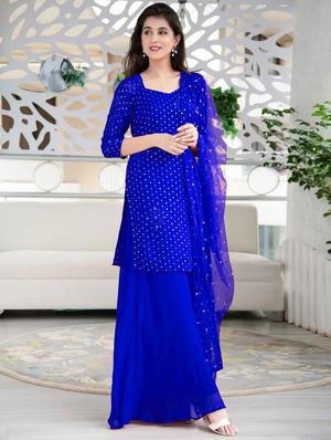 gold print semi-stitched sharara suit set - 18404009 - Standard Image - 3