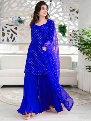 gold print semi-stitched sharara suit set - 18404009 - Standard Image - 4