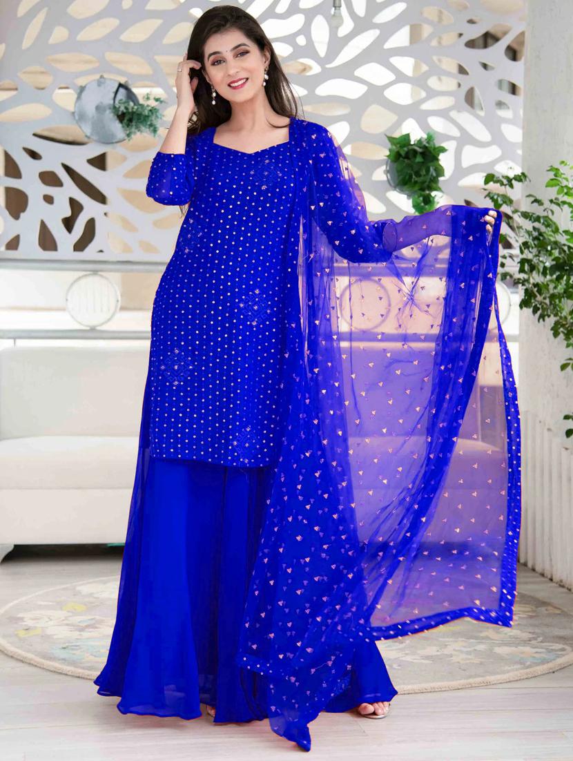 gold print semi-stitched sharara suit set - 18404009 - Zoom Image - 2
