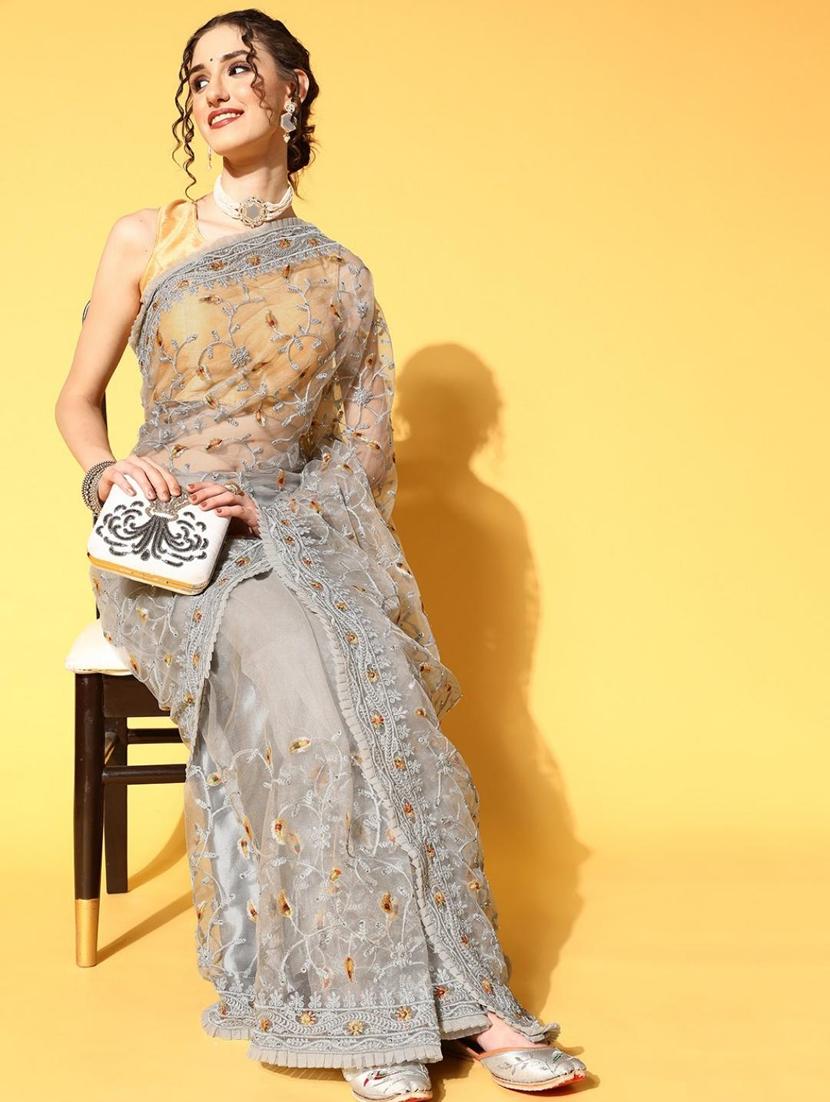 grey embroidered saree with blouse - 18404116 - Zoom Image - 2
