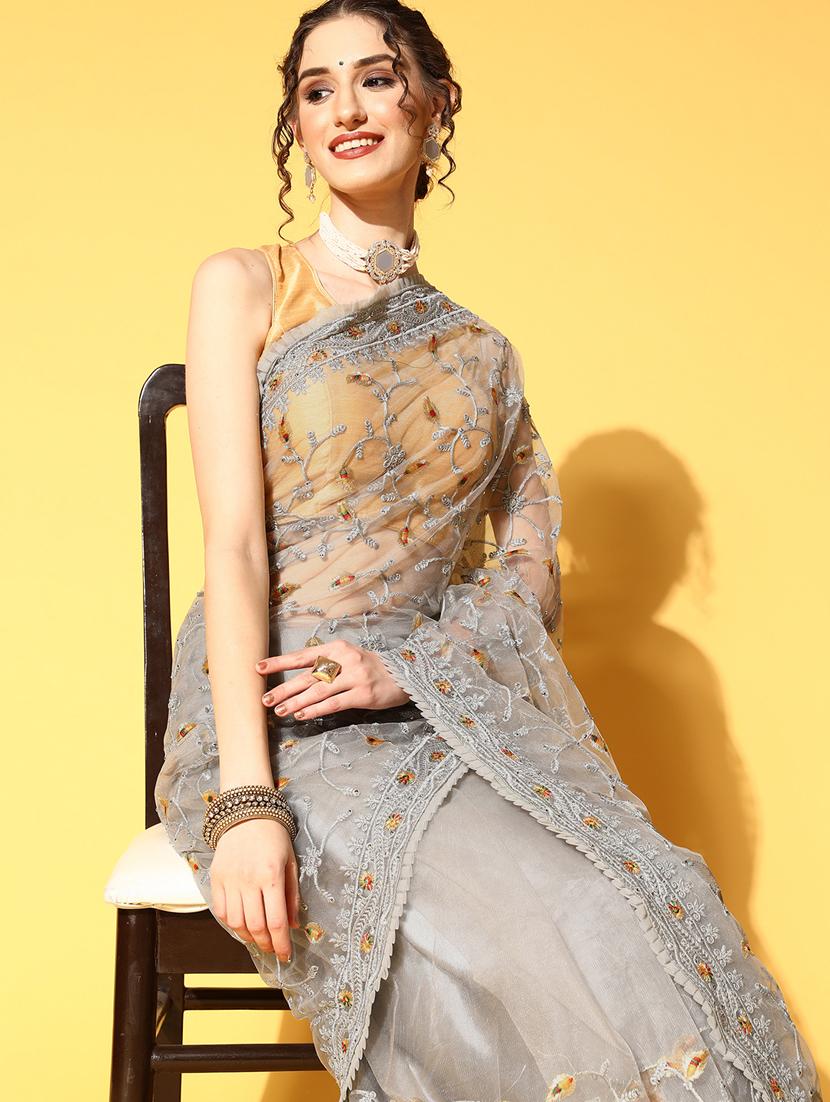 grey embroidered saree with blouse - 18404116 - Zoom Image - 5