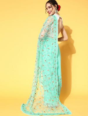 turquoise embroidered saree with blouse - 18404117 - Standard Image - 3