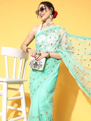 turquoise embroidered saree with blouse - 18404117 - Standard Image - 4