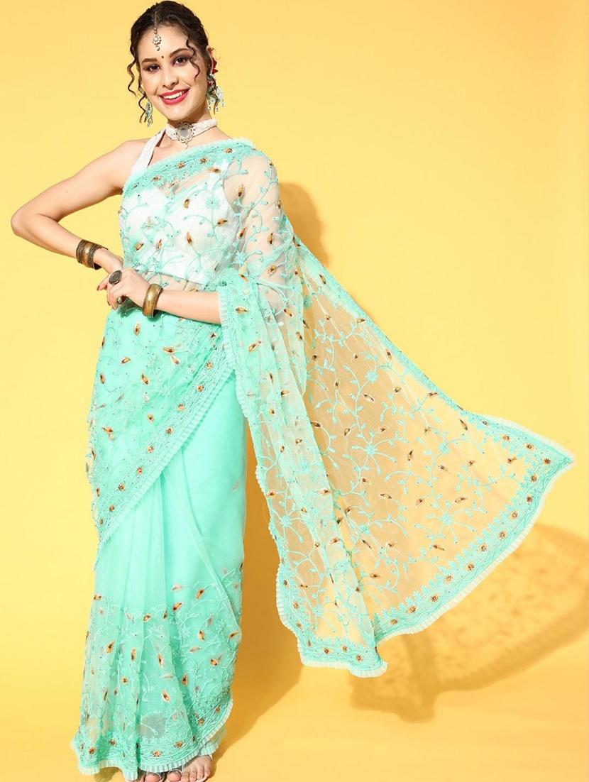 turquoise embroidered saree with blouse - 18404117 - Zoom Image - 2