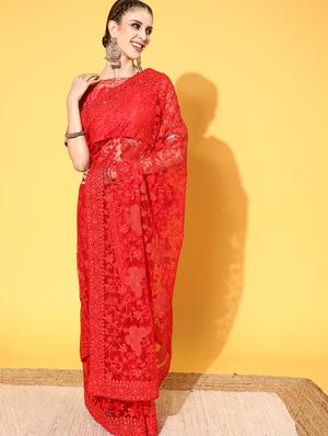 red embroidered saree with blouse - 18404124 - Standard Image - 2