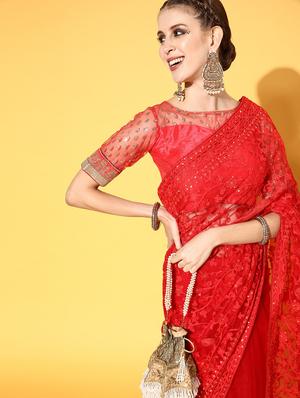 red embroidered saree with blouse - 18404124 - Standard Image - 6