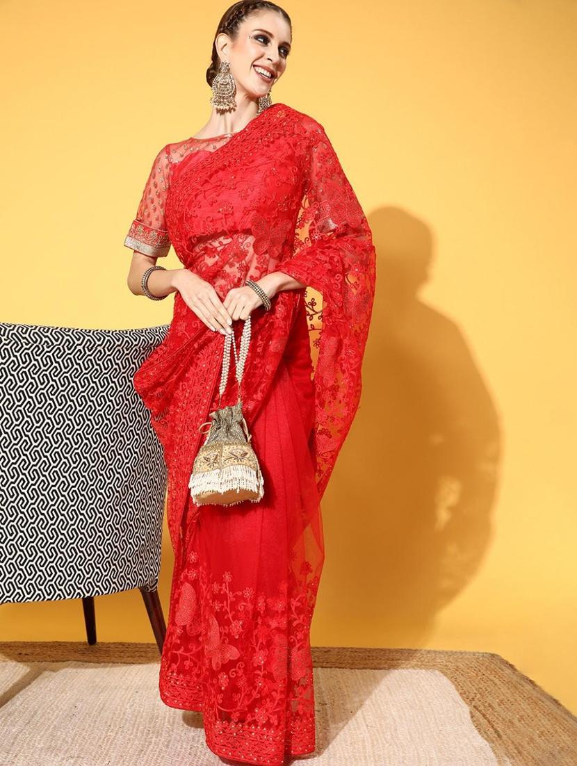 red embroidered saree with blouse - 18404124 - Zoom Image - 1
